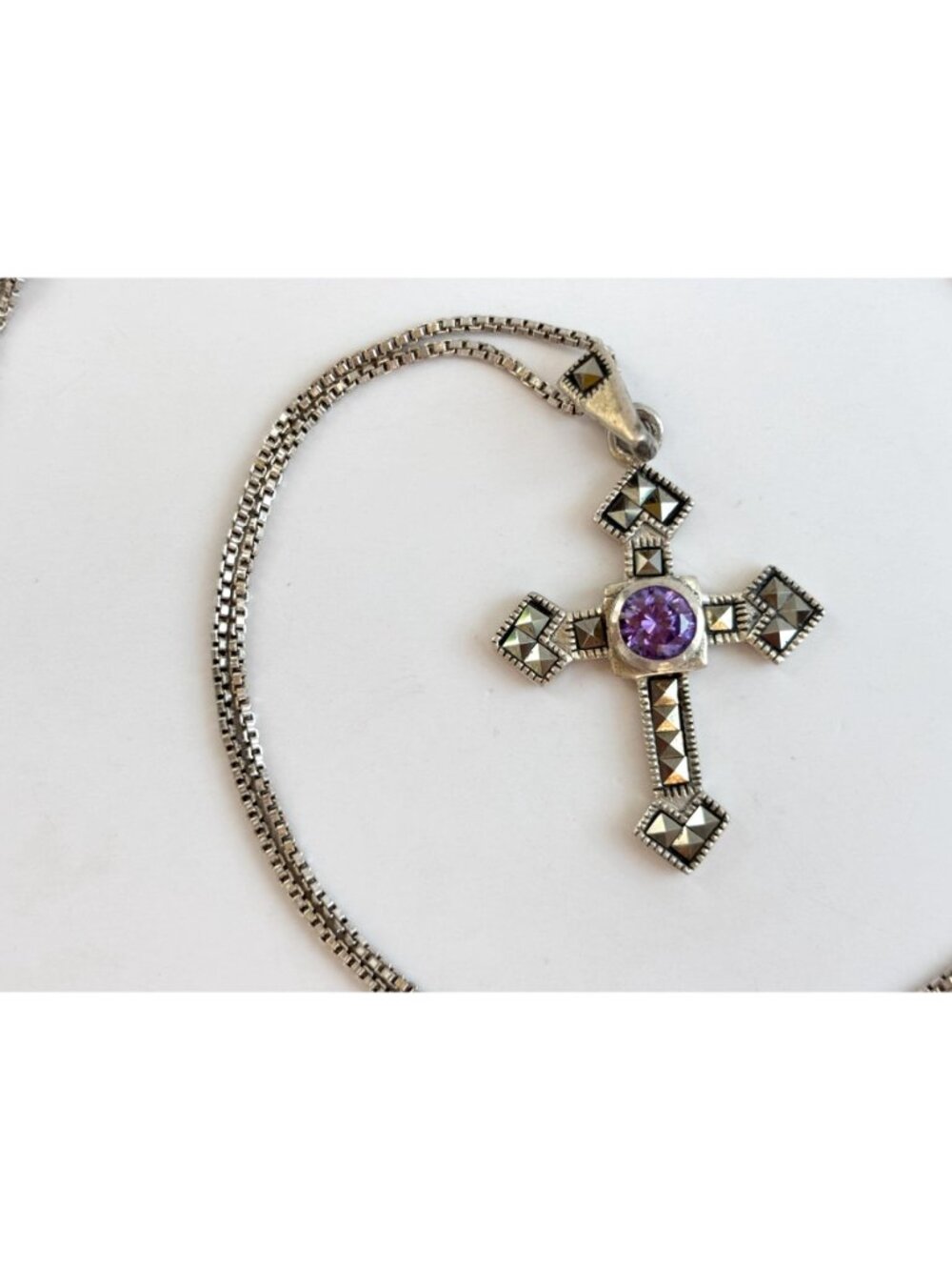 Art Deco Amethyst & Marcasite Sterling Silver 925 Vintage Pendant Necklace - 20" - Picture 5 of 16